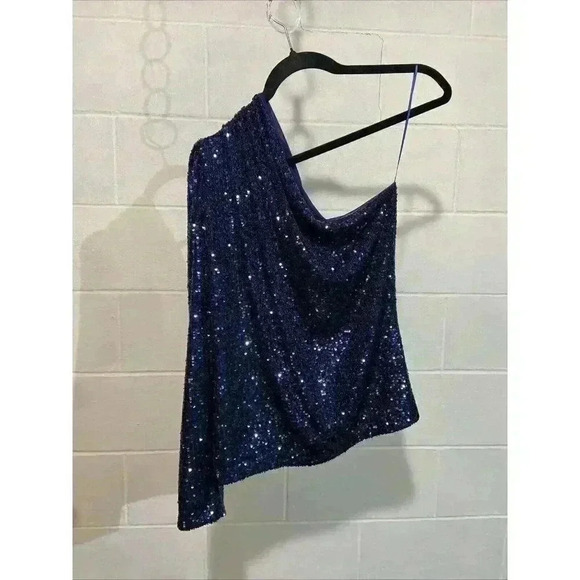 Generation Love Women's‎ Vetta One Shoulder Sequin Top Large Navy Holiday Party - Picture 6 of 10